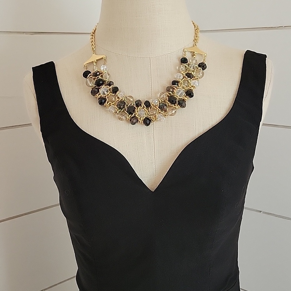 NWT Macy's Gold faceted clear and black beads multilevel necklace